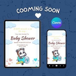 Uitnodiging babyshower Panda: vliegtuigthema, bewerkbare canvassjabloon van 5 x 7