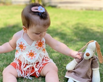 Boho Floral Fringe Top - Cotton Baby  Sunflower Crop Top, Handmade Daisy Crochet Boho Girl Top