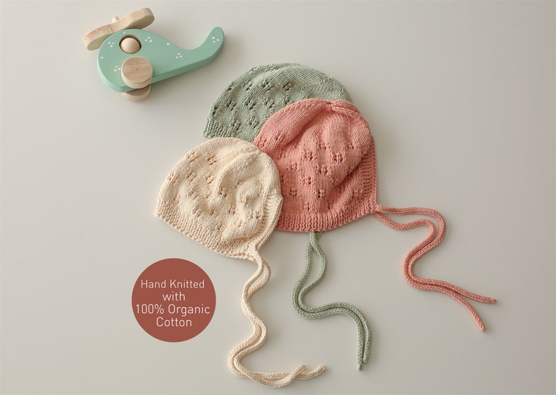 Organic Cotton Knit Baby Bonnet, Newborn Organic Baby Knit Bonnet, Handmade Knit Baby Hat in Different Color image 2