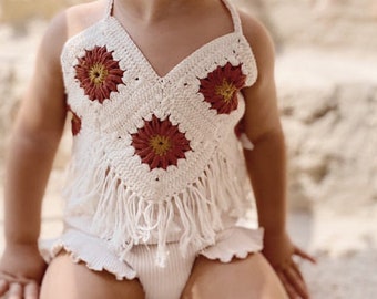 Boho Floral Fringe Top - White Cotton Baby Sunflower or Daisy Crop Top - Boho Kids Wear