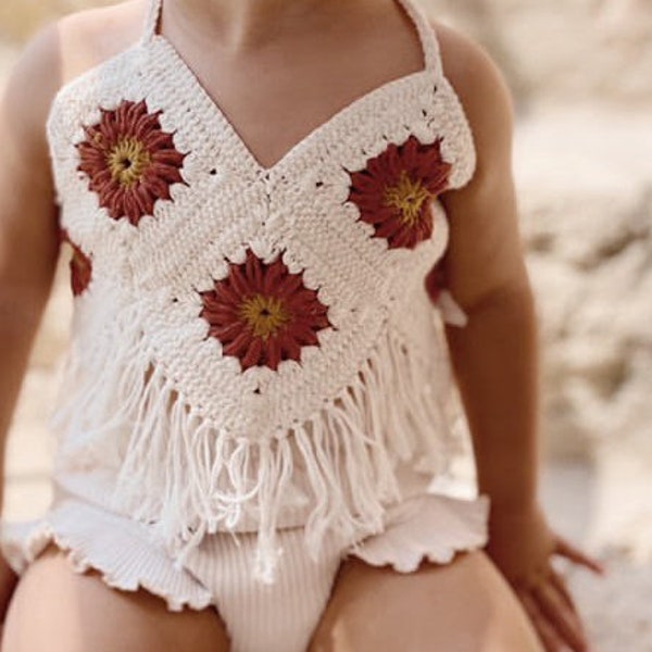 Top fleuri bohème à franges - Top court en coton blanc bébé tournesol ou marguerite - Vêtements pour enfants Boho