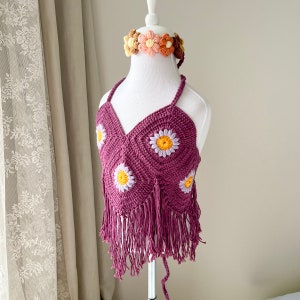 Purple Crochet Boho Floral Fringe Top - Cotton Baby - Kids Lilac Sunflower Pattern Crop Top - Boho Crochet Kids Wear