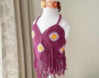 Purple Crochet Boho Floral Fringe Top - Cotton Baby - Kids Lilac Sunflower Pattern Crop Top - Boho Crochet Kids Wear