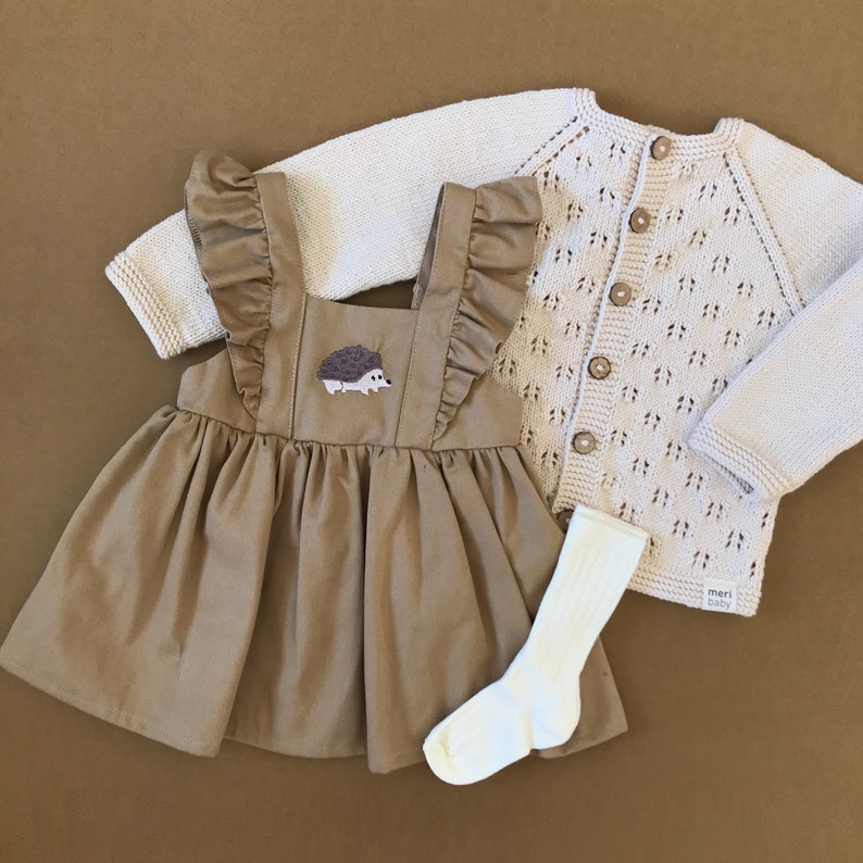 Baby Cotton Set, Baby Dress, Ecru Baby Cardigan, Fall Baby Set, Bronze Cotton Birthday Dress, Ecru Socks, Baby Gift Set image 1