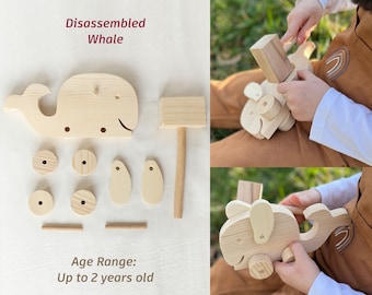 Montessori Wooden Whale Car Toy, Disassembled Whale Toddler Toy, natural wooden toy for toddlers and kids, educational toys