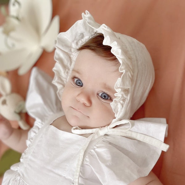 Cotton Baby Baptism Bonnet, White ruffled baby hat,