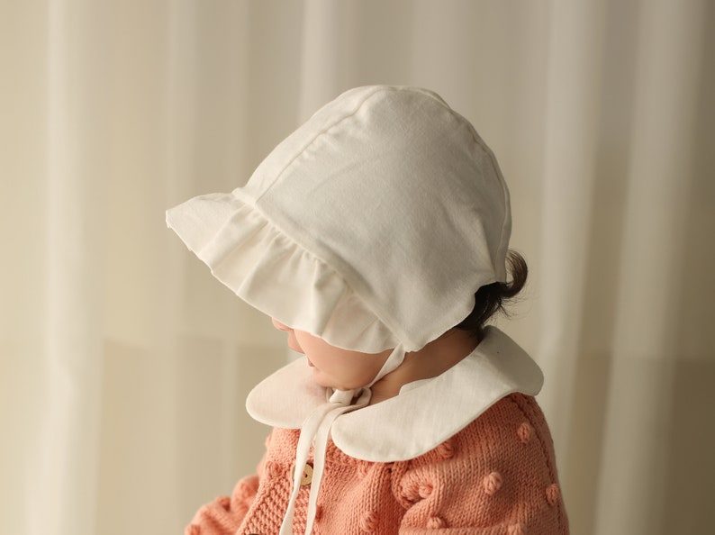 White Baby Sunbonnet, Cotton Linen Sunbonnet, Baby Sunbonnet, Cotton Ecru Sunbonnet, Baby hat image 3