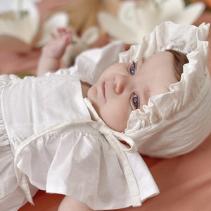 White Baby Sunbonnet, Cotton Linen Sunbonnet, Baby Sunbonnet, Cotton Ecru Sunbonnet, Baby hat image 4