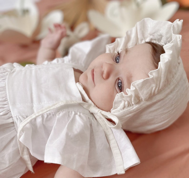White Baby Sunbonnet, Cotton Linen Sunbonnet, Baby Sunbonnet, Cotton Ecru Sunbonnet, Baby hat image 4