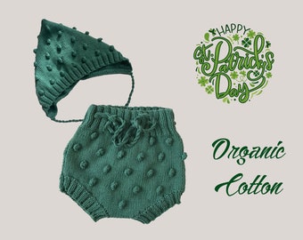 Organic Cotton Knit Baby Bonnet and Bloomer Set, Newborn St. Patrick's Day Clothes. Organic Baby Knit Pixie hat