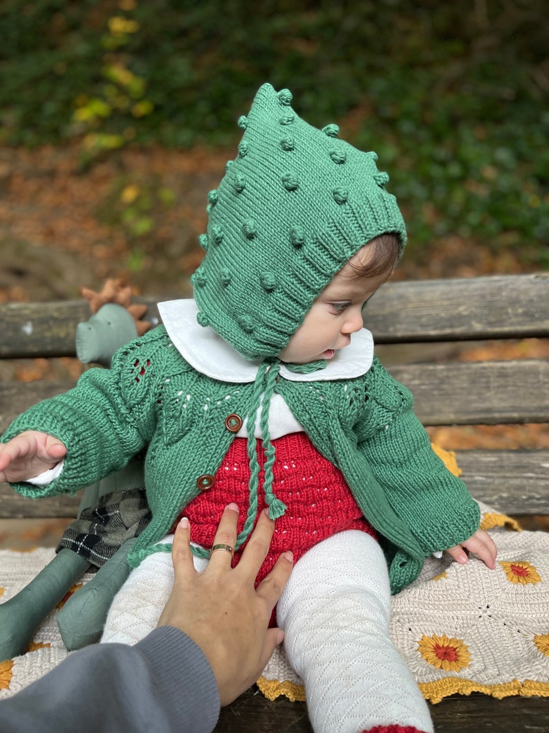 Organic Cotton Knit Baby Bonnet, Newborn St. Patrick's Day Clothes. Organic Baby Knit Pixie Hat image 1