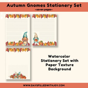 Puede incluir: Juego de papelería de gnomos otoñales con siete páginas. Juego de papelería de acuarela con fondo de textura de papel. El juego presenta ilustraciones de gnomos, calabazas y hojas de otoño. El texto "Autumn Gnomes Stationery Set" está en la parte superior.