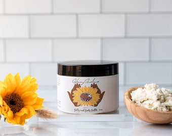 Shea butter, mango butter, coco butter and essential oils are all natural vegan and gluten-free butters in one for your belly and body.