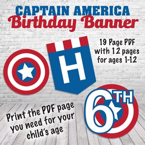 以下が含まれることがあります： キャプテンアメリカの誕生日バナーは、1〜12歳の子供向けに12ページのPDFで印刷できます。バナーは赤、白、青のカラーリングで、星とシールドのデザインが施されています。「お子様の年齢に必要なPDFページを印刷してください」というテキストも含まれています。