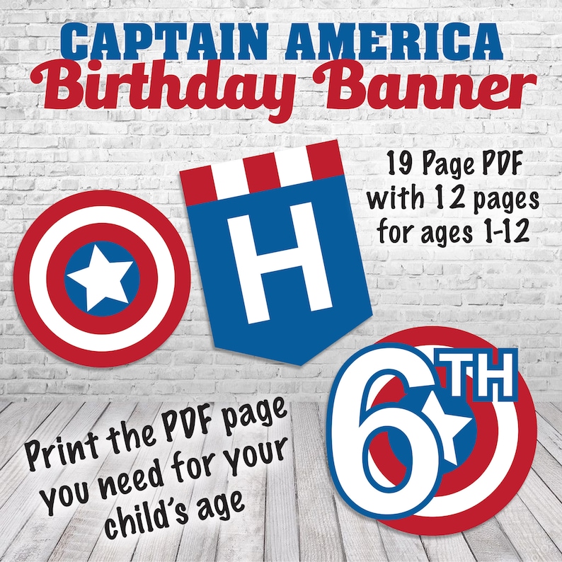 以下が含まれることがあります： キャプテンアメリカの誕生日バナーは、1〜12歳の子供向けに12ページのPDFで印刷できます。バナーは赤、白、青のカラーリングで、星とシールドのデザインが施されています。「お子様の年齢に必要なPDFページを印刷してください」というテキストも含まれています。