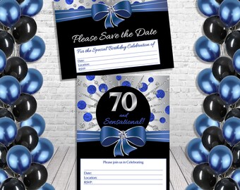 70 and Sensational Blue Silver Black Save The Date and Birthday Invitation Digital File PDF