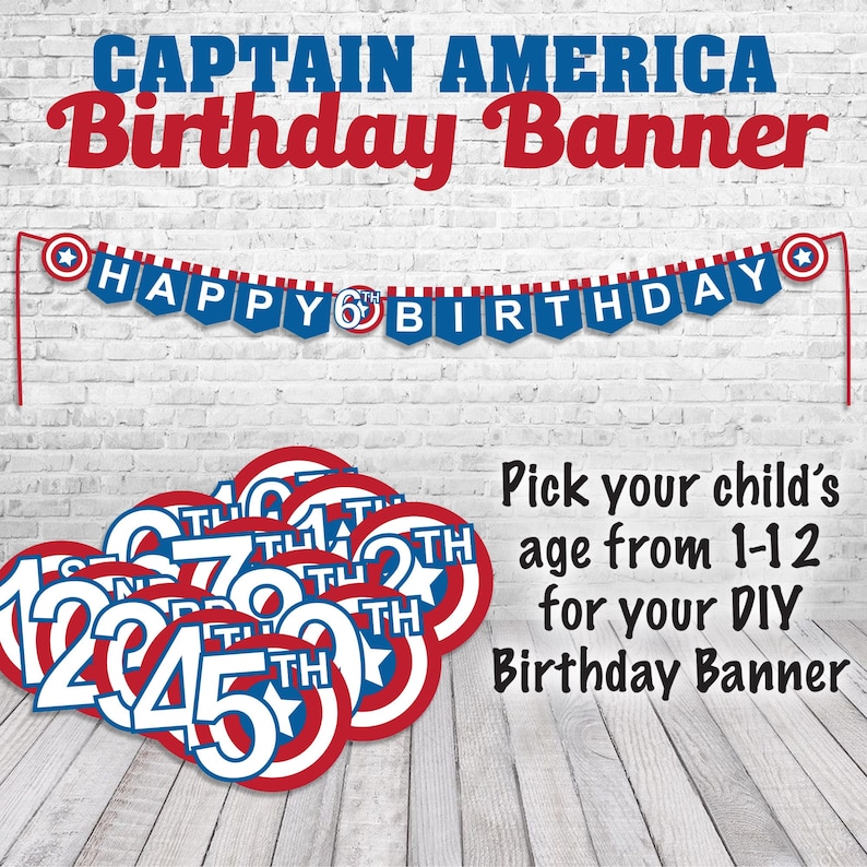 以下が含まれることがあります： 赤、白、青の色合いのキャプテン・アメリカをテーマにした誕生日バナー。バナーには「ハッピー6歳の誕生日」と書かれています。同じ色合いの1から12までの個別の数字と、「th」誕生日の「TH」もあります。DIYの誕生日バナーに、お子様の年齢を1〜12から選んでください。