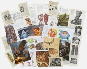 Vintage fantasy book pages for scrapbook, collage, junk journal, giants, fairies, gnomes, mythology, art, ephemera