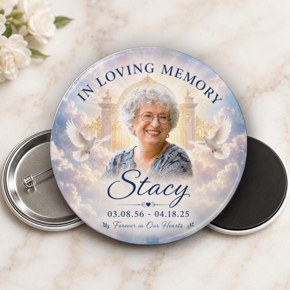 Custom Memorial Photo Button or Magnet Serenity Sky  – Personalized Photo Elegant Funeral Keepsake