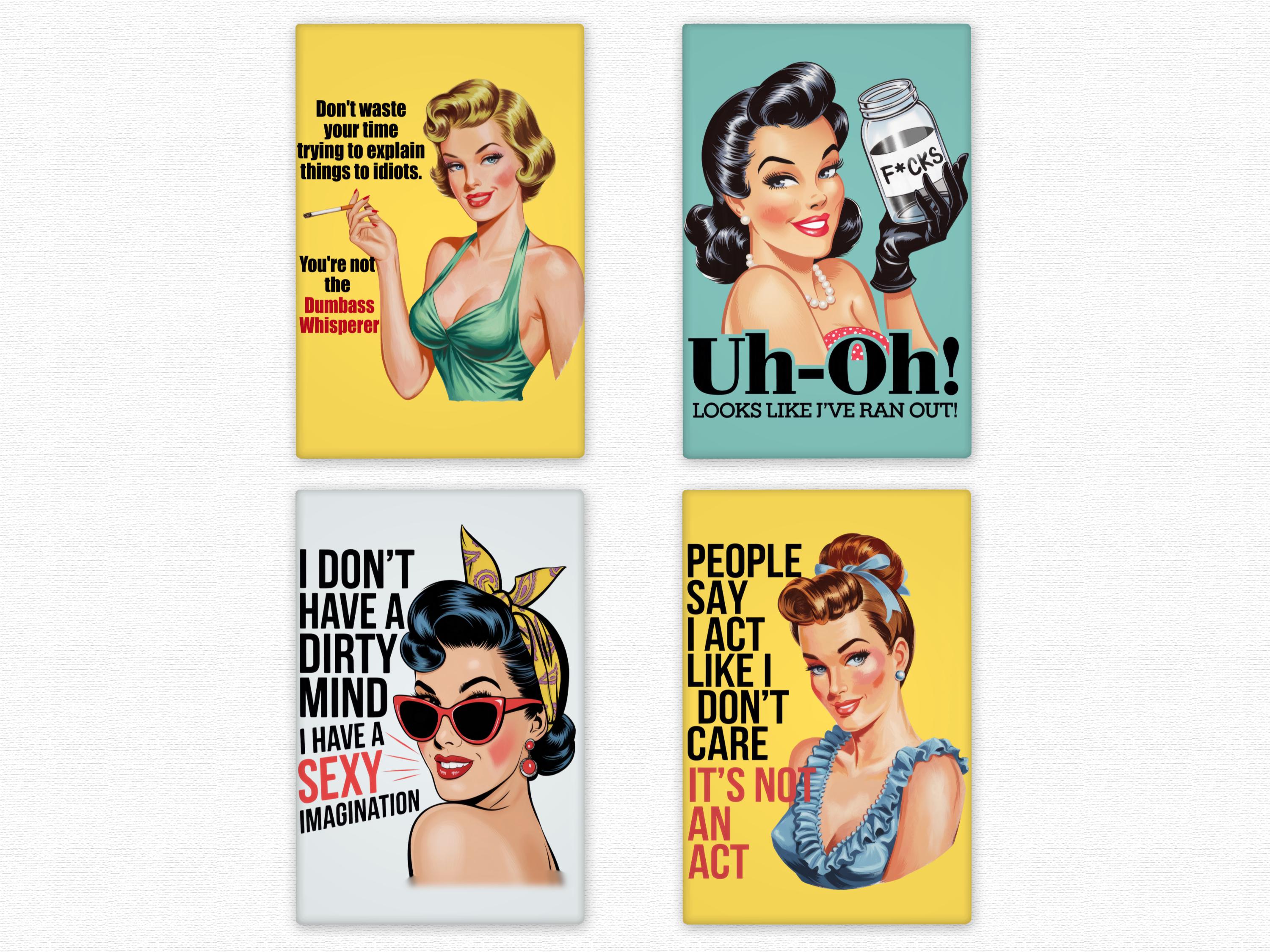 Sarcastic Retro Women Funny Magnets—Funny Fridge Magnet Set, Humor Gifts for Her, Sassy Office Decor, Coworker Gag Gift, Rectangle 2.5x3.5