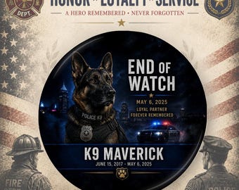 Personalized Police Memorial Button or Magnet - Thin Blue Line Funeral Keepsake - Police Dog K9