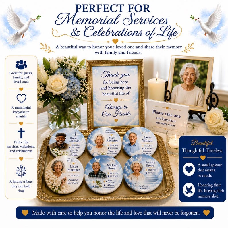 May include: A memorial service display featuring framed photos, memorial keepsakes, and floral arrangements. The text reads "Perfect for Memorial Services & Celebrations of Life." Keepsakes include photos and names. The display is designed to honor loved ones.