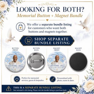 May include: Memorial button and magnet bundle with the text "Forever in Our Hearts" and the name and dates "James William Johnson, May 12, 1948 - June 24, 2024". The image shows the front and back of a button and a magnet.