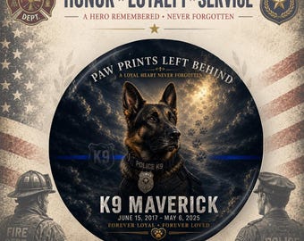 Personalized Police Memorial Button or Magnet - Thin Blue Line Funeral Keepsake - Police Dog K9
