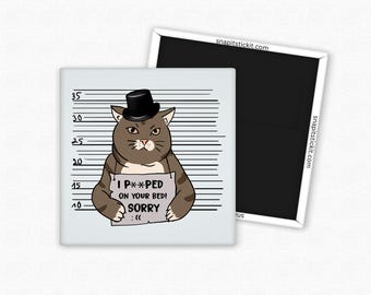 May include: A humorous square magnet featuring a cat wearing a top hat, styled as a mugshot. The cat holds a sign that reads "I P**PED ON YOUR BED! SORRY :("