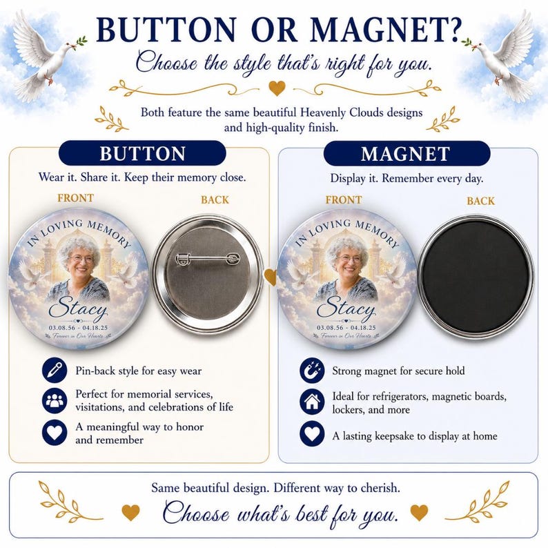 May include: Button or magnet memorial keepsake featuring a photo of Stacy with the text "In Loving Memory." The button has a pin-back, while the magnet has a strong backing. Both have a Heavenly Clouds design and are a meaningful way to honor and remember.