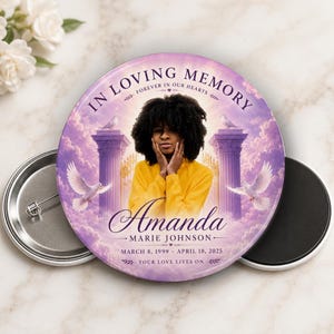 Personalized Memorial Photo Button or Magnet Lavender Heaven – Elegant Purple Custom Photo Funeral Keepsake