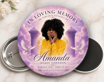 Personalized Memorial Photo Button or Magnet Lavender Heaven – Elegant Purple Custom Photo Funeral Keepsake