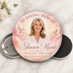 Personalized Memorial Photo Button or Magnet Angel Rose Clouds – Pink Custom Funeral Keepsake