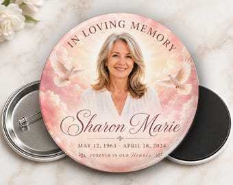 Personalized Memorial Photo Button or Magnet Angel Rose Clouds – Pink Custom Funeral Keepsake
