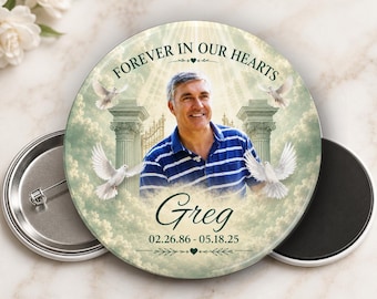 Personalized Memorial Photo Button or Magnet Heavenly Green Gates – Custom Photo Elegant Funeral Keepsake