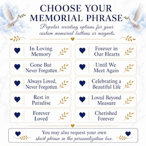 May include: A graphic with the text "CHOOSE YOUR MEMORIAL PHRASE" and options for memorial buttons or magnets. The options include phrases like "In Loving Memory" and "Forever in Our Hearts", with dove and heart graphics.