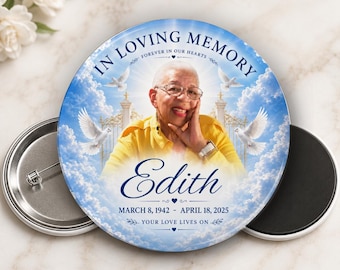 Personalized Memorial Photo Button or Magnet Heavenly Blue Skies – Custom Photo Elegant Funeral Keepsake