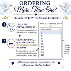 May include: A graphic with instructions on how to order multiple items on Etsy. The text reads "ORDERING More Than One?" and provides steps: leave Etsy cart quantity as 1, then choose the total quantity from the dropdown menu. Includes dove illustrations.