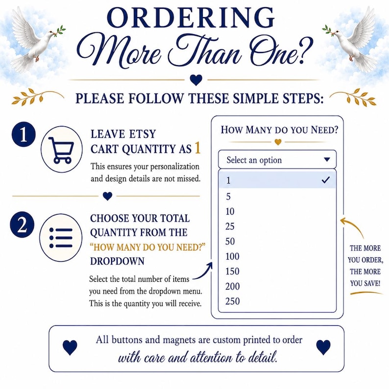 May include: A graphic with instructions on how to order multiple items on Etsy. The text reads "ORDERING More Than One?" and provides steps: leave Etsy cart quantity as 1, then choose the total quantity from the dropdown menu. Includes dove illustrations.