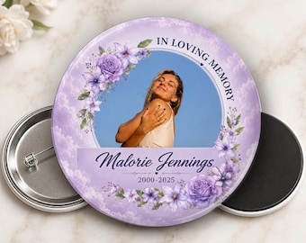Custom Memorial Photo Button or Magnet Elegant Purple Flowers  – Personalized Photo Funeral Keepsake