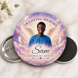 Personalized Memorial Photo Button or Magnet Purple Heavenly Wings – Custom Photo Elegant Funeral Keepsake