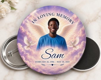 Personalized Memorial Photo Button or Magnet Purple Heavenly Wings – Custom Photo Elegant Funeral Keepsake
