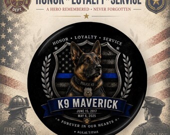 Personalized Police Memorial Button or Magnet - Thin Blue Line Funeral Keepsake - Police Dog K9