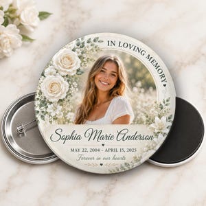 Personalized Memorial Photo Button or Magnet Elegant White Flowers  – Custom Photo Funeral Keepsake