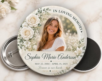 Personalized Memorial Photo Button or Magnet Elegant White Flowers  – Custom Photo Funeral Keepsake