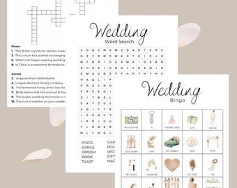 May include: A printable wedding bingo card with illustrations of wedding-related items such as a wedding dress, a cake, a groom, a bouquet, and a ring. The card has the words "Wedding Bingo" at the top.