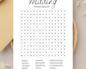 Peut inclure: Un puzzle de mots croisés de mariage imprimable avec une grille de lettres noires et blanches. Les mots à trouver sont listés sous la grille : bagues, danse, marié, mariée, toast, jarretière, bouquet, mariage, cadeaux, mariage, lune de miel, garçons d’honneur, demoiselle d’honneur, vœux, demoiselles d’honneur.