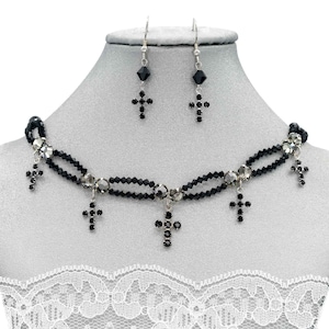 Cross Gothic Dangling Choker and Earrings Set Made with Sterling Silver and Crystals | Only One Available