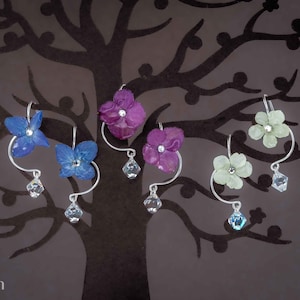 Real Hydrangea Dangle Hook Earrings Made With Dried Resin Pressed Flowers, Crystals, and Tarnish Resistant Wires | Custom Metal Color