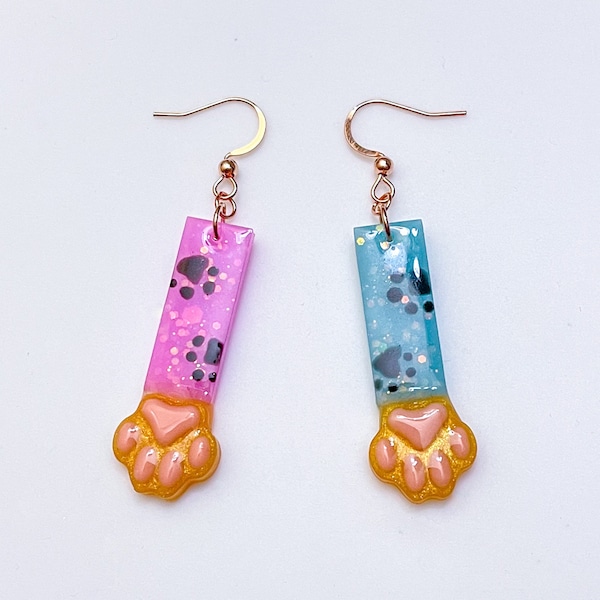 Tater Tot Kitty Bonker Cat Paw Resin Dangle Earrings with Opal Sparkle in Rose Gold Plated Stainless Steel | Proceeds to go Kitty CruisAIDe